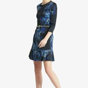 NWT Banana Republic Womens Dress Flare Hem Floral Navy Blue Size 2 Concealed Zip